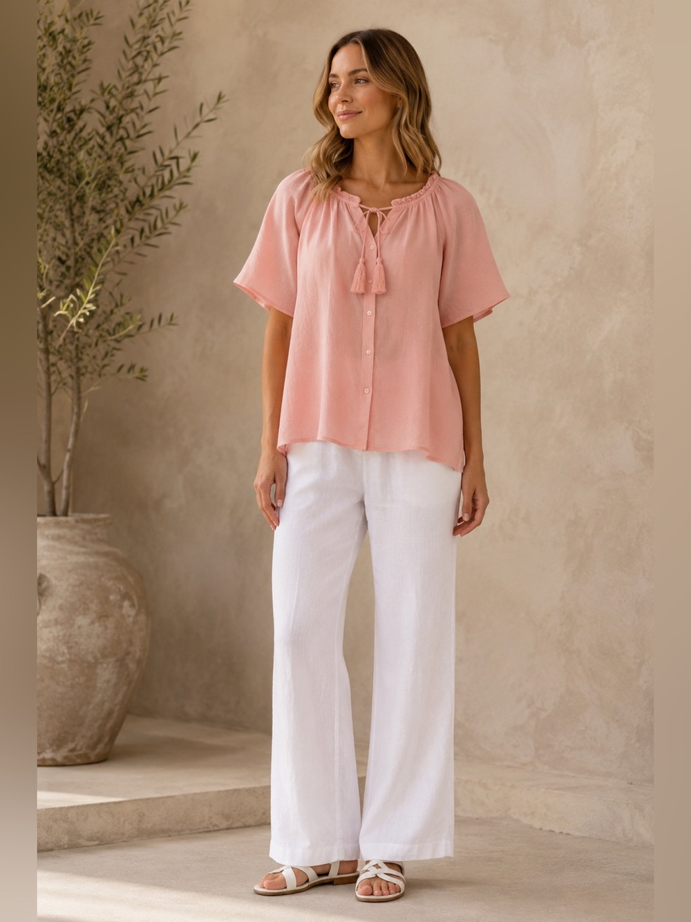 Macys Charter Club XL Soft Peach 100% Linen Tie-Neck Short Sleeve Peasant Top